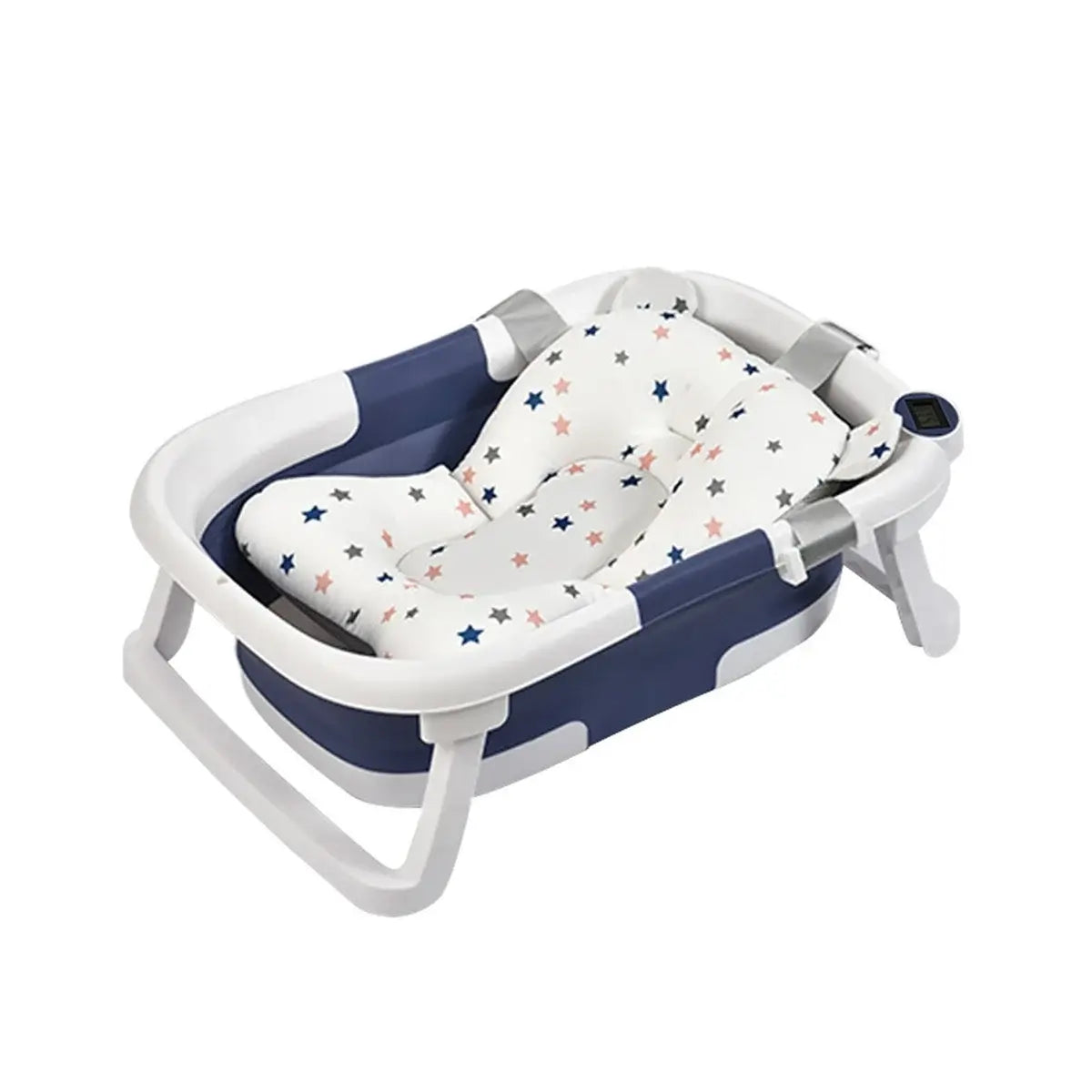 Foldable newborn baby bath tub with star-patterned padding for infant comfort and easy storage.