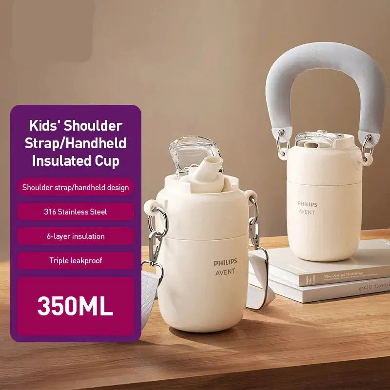 Avent Kids Vacuum Bottle For All-Day Temperature Control with shoulder strap and leak-proof cap.