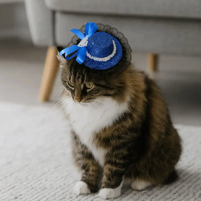 Pet Halloween Hat – Festive Shimmer + Adjustable Elastic Band For Cats And Small Pets on brown tabby cat wearing a blue sequin British-style lace hat