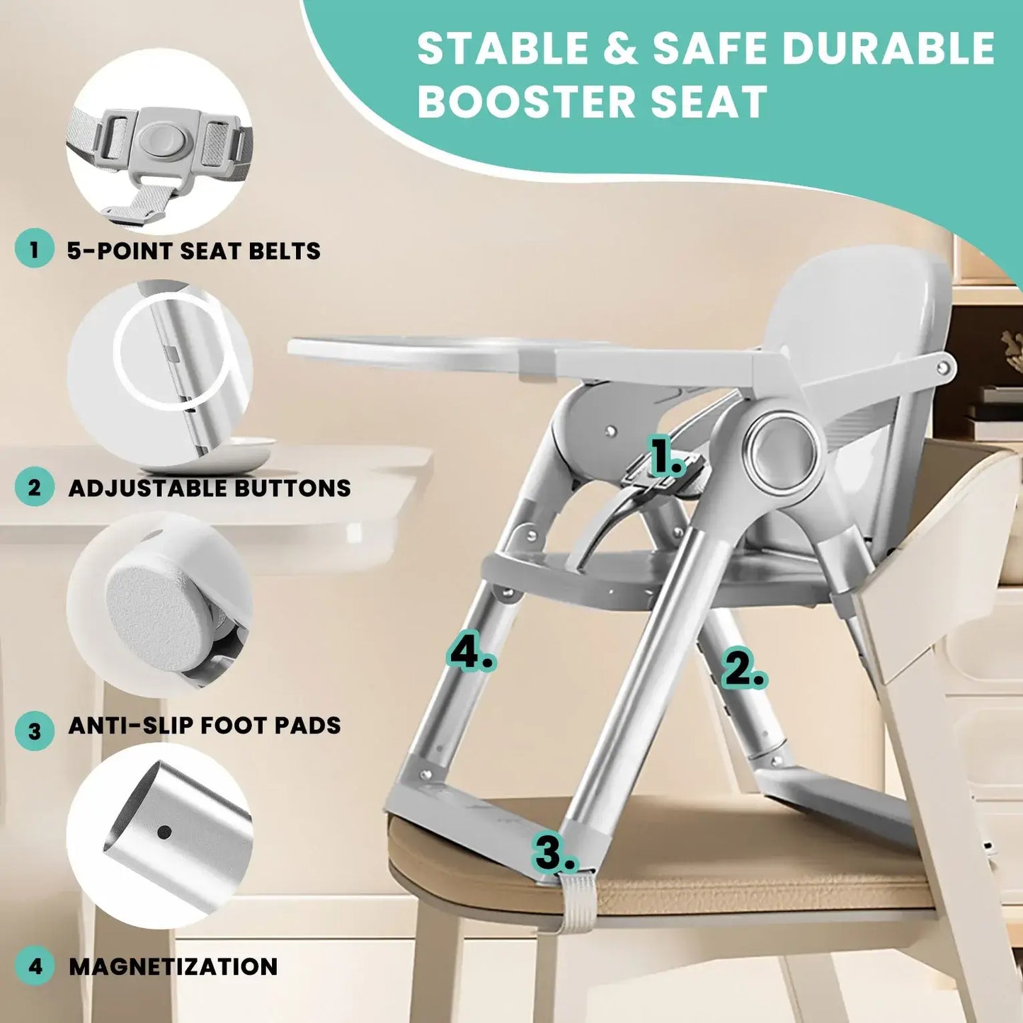 Baby Booster Seat – Mess-Free Dining + Foldable Portable High Chair For 6 Months To 3 Years shown folded on chair with tray, 5-point belts, adjustable buttons, anti-slip pads