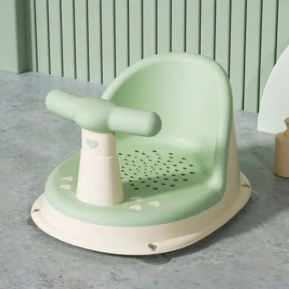 Anti-Slip Baby Bath Seat With Suction Cup Base and Detachable Armrests in light green design.