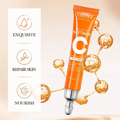 Brightening cream with vitamin-C for dark circles and puffiness — SADOER vitamin C eye cream tube shown with nourishing icons