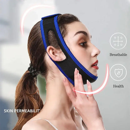 Face Slimming Bandage – Sculpt a Youthful V-Line Contour + Reusable Skin-Friendly One-Piece Strap shown on woman demonstrating jaw lifting and breathable design