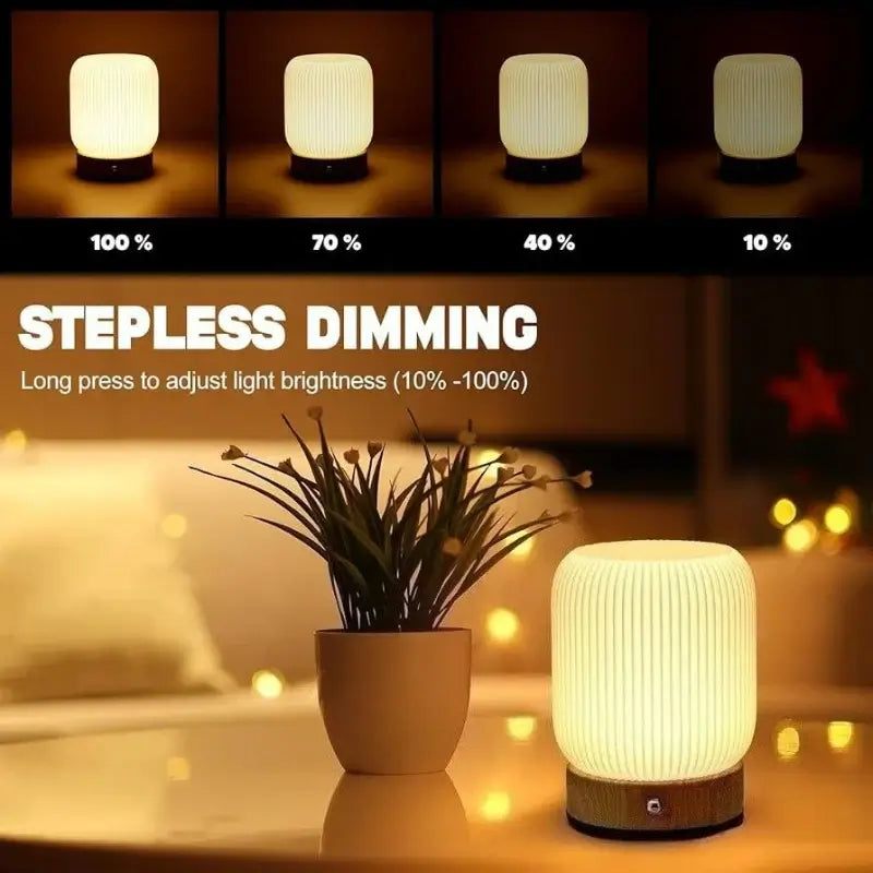 Rechargeable Cordless Mood Lighting For Bedroom And Living Room displayed with stepless dimming feature and adjustable brightness levels.