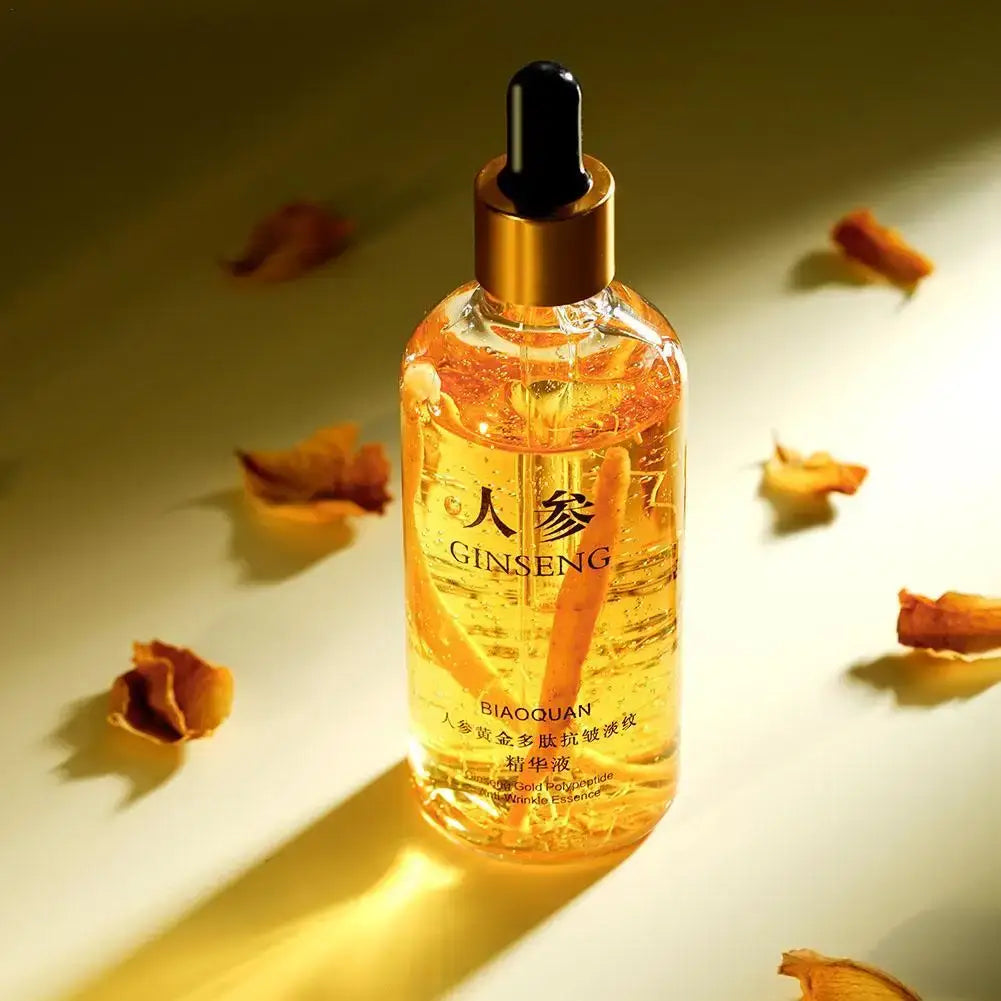 Face Serum – Even-Tone Radiance For Youthful Glow + Gold Ginseng Polypeptide Complex bottle on gold background with petals, hydrating brightening serum