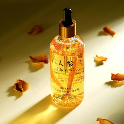 Face Serum – Even-Tone Radiance For Youthful Glow + Gold Ginseng Polypeptide Complex bottle on gold background with petals, hydrating brightening serum