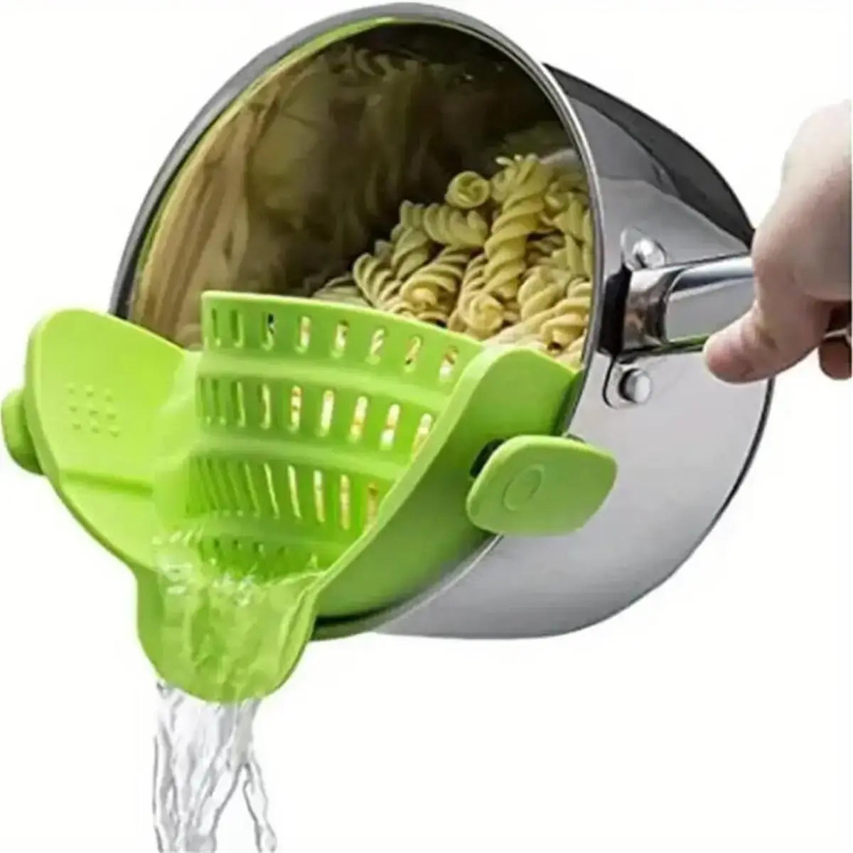 Pot Strainer – Mess-Free Draining + Clip-On Adjustable Stainless Steel green clip-on pot strainer draining pasta from stainless pot