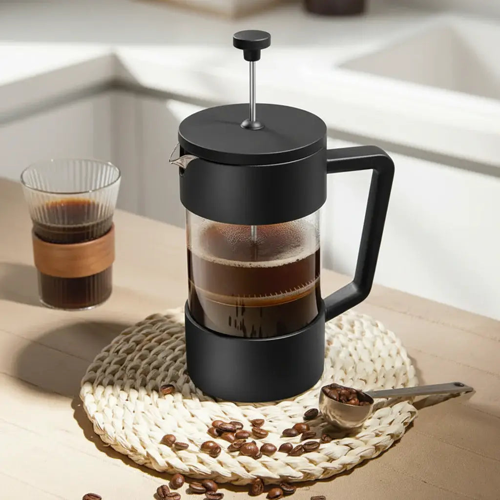 French Press - Bold Flavor + Heat Resistant Borosilicate Glass 600ml black French press on table with coffee beans