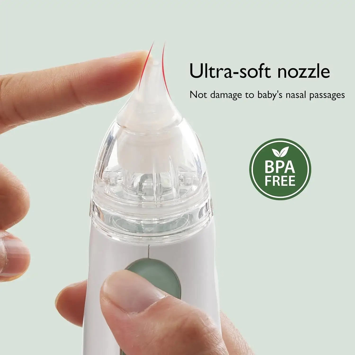 Baby Nasal Aspirator – Powerful Suction For Quick Nose Clearing + USB Rechargeable showing ultra-soft nozzle, BPA-free, rechargeable portable design
