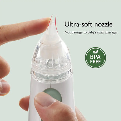 Baby Nasal Aspirator – Powerful Suction For Quick Nose Clearing + USB Rechargeable showing ultra-soft nozzle, BPA-free, rechargeable portable design