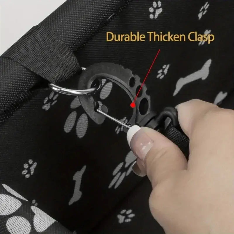 Pet Booster Seat – Safer Rides + Adjustable Seat Belt, close-up of durable thicken clasp and safety belt attachment inside booster seat