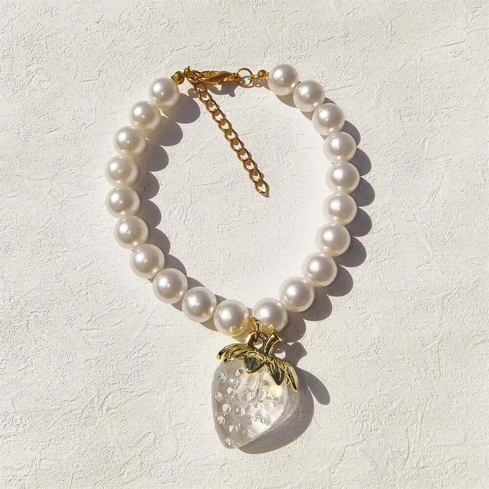 Pet Collar With Pearl Necklace - Pet-Safe Comfort + Lightweight Resin Design For Everyday Wear, pearl-studded pet collar with strawberry pendant