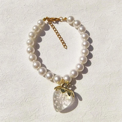 Pet Collar With Pearl Necklace - Pet-Safe Comfort + Lightweight Resin Design For Everyday Wear, pearl-studded pet collar with strawberry pendant