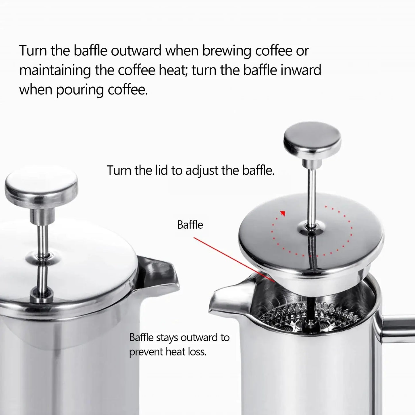 French Press – Longer Heat Retention For Hot, Aroma-Packed Brews + Double-Walled Stainless Steel showing adjustable baffle on stainless steel 1.0L French press