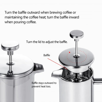 French Press – Longer Heat Retention For Hot, Aroma-Packed Brews + Double-Walled Stainless Steel showing adjustable baffle on stainless steel 1.0L French press