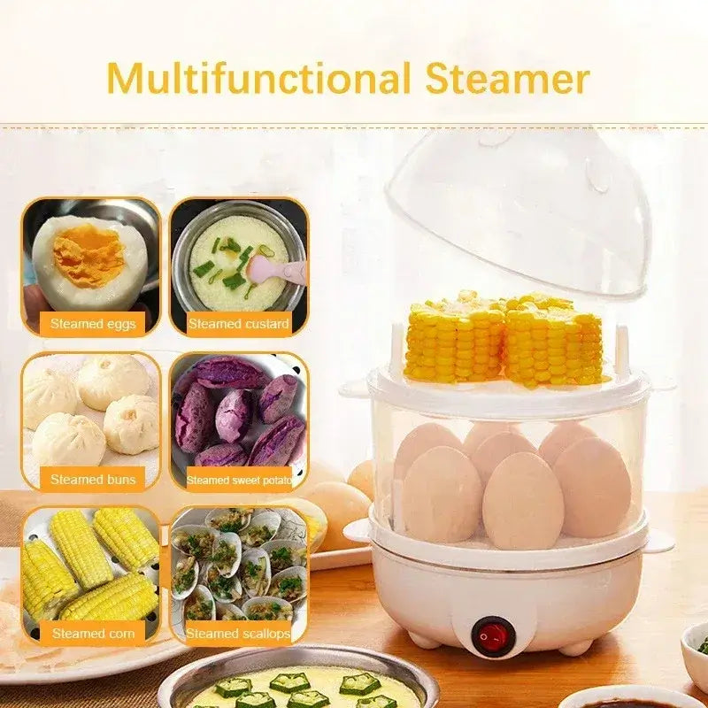 Fast electric egg and veggie cooker with steamed eggs, corn, buns, and sweet potatoes in a double-layer design.
