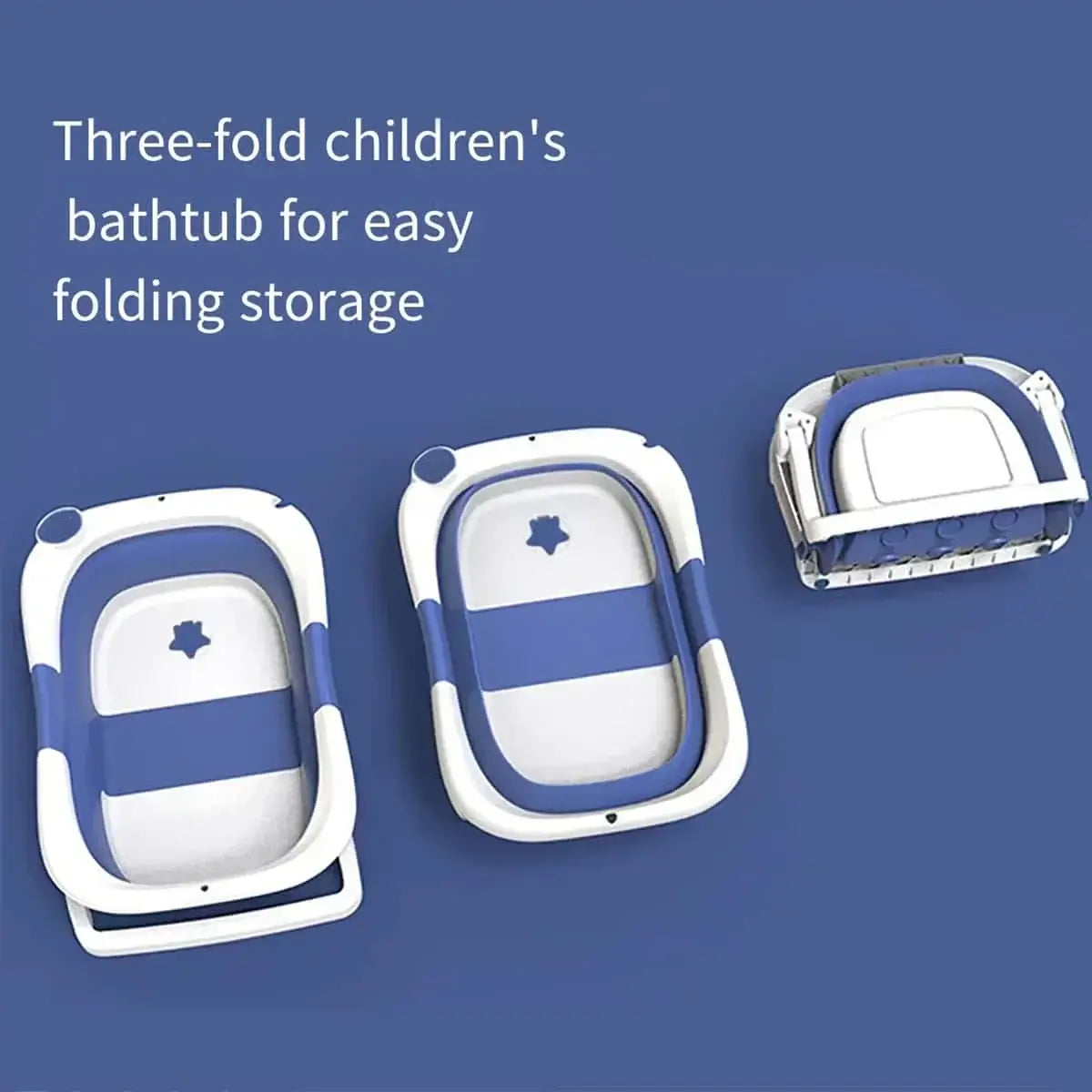 Foldable newborn baby bath tub showing three-stage folding for easy storage and use.