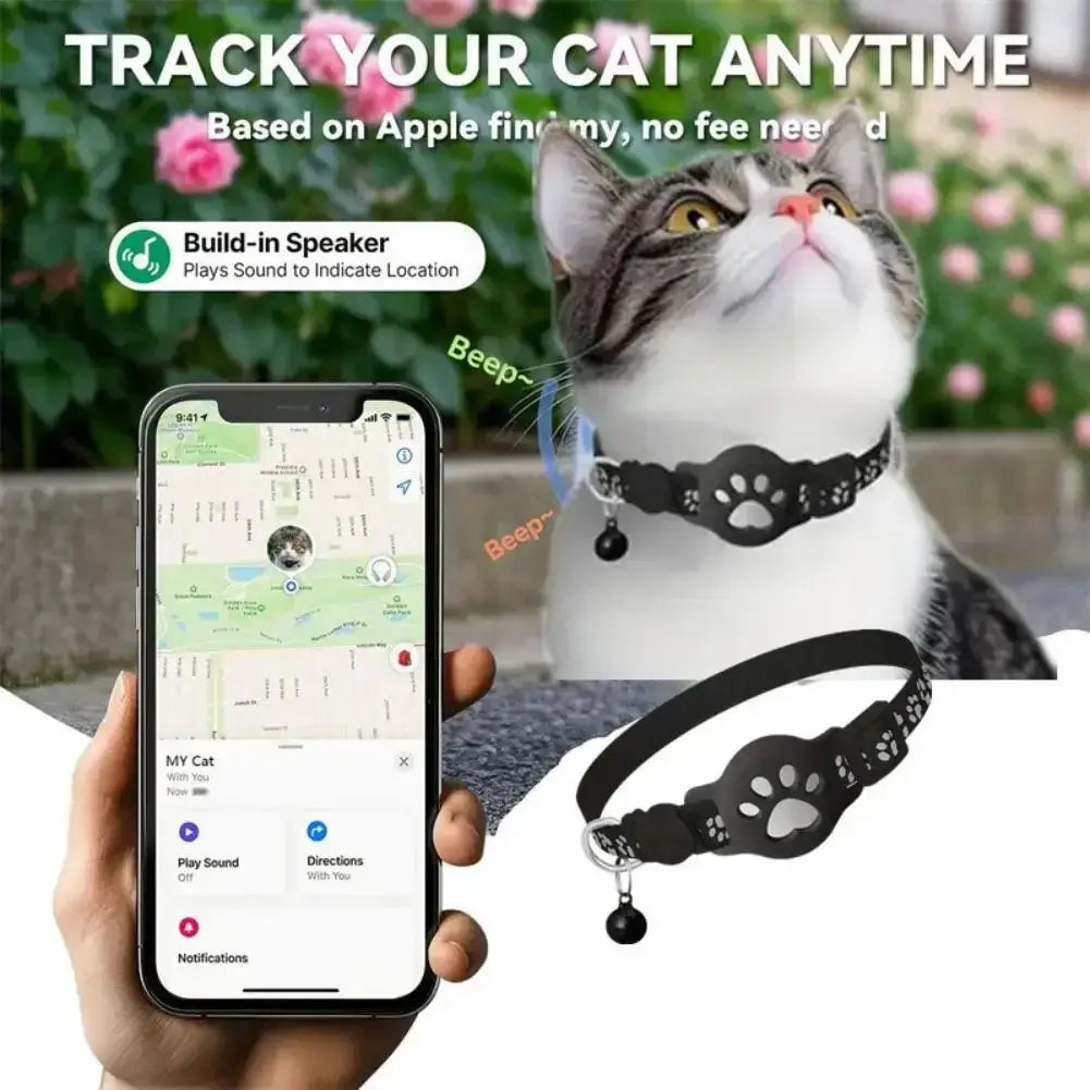 Pet GPS Tracker – Anti-Lost Real-Time Alerts + Waterproof Mini Collar on cat with phone showing real-time location and waterproof paw-print mini collar