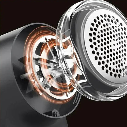 Close-up of USB rechargeable fabric shaver with LED display motor showcasing high-speed performance and design.