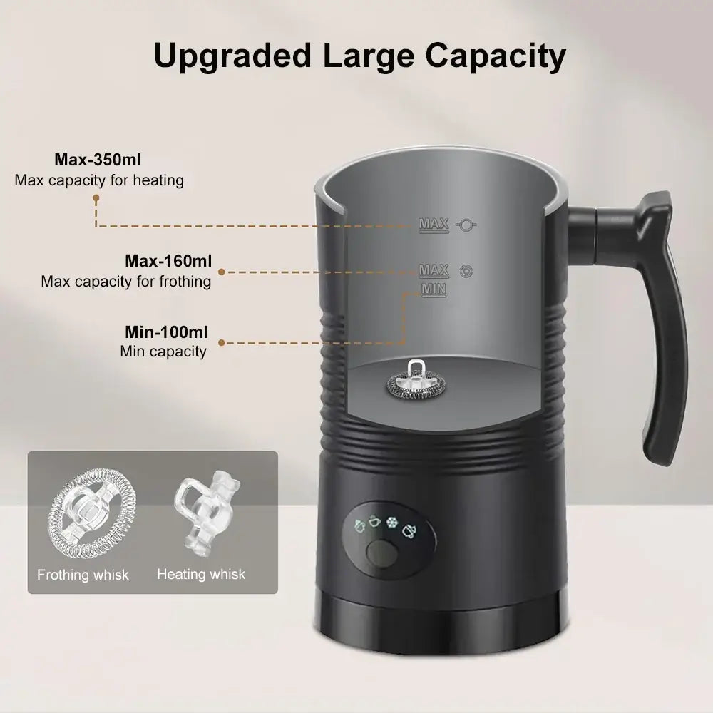 Milk Frother - Café-Quality Foam In Seconds + 4-In-1 electric rotary 4-in-1 frother showing capacity markings and whisk attachments