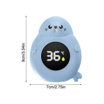 Baby Bath Thermometer - Accurate Readings + LED Display blue seal-shaped digital tub thermometer with 36°C LED reading