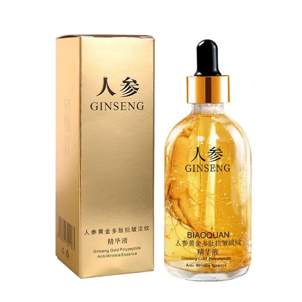Face Serum – Even-Tone Radiance For Youthful Glow + Gold Ginseng Polypeptide Complex gold bottle serum with dropper