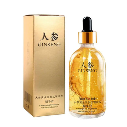 Face Serum – Even-Tone Radiance For Youthful Glow + Gold Ginseng Polypeptide Complex gold bottle serum with dropper