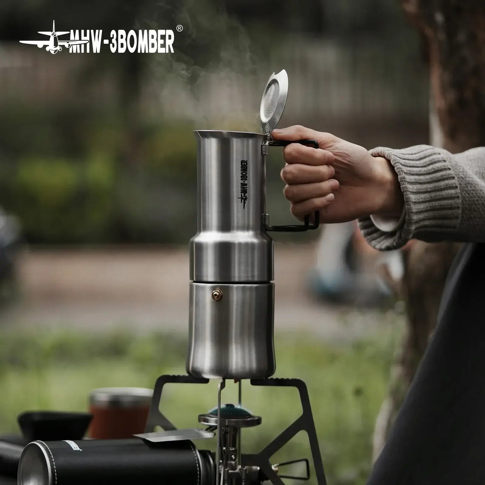 Stainless Steel Moka Pot – Rich Coffee + Foldable Handle camping moka pot steaming on portable stove, 350ml, foldable handle