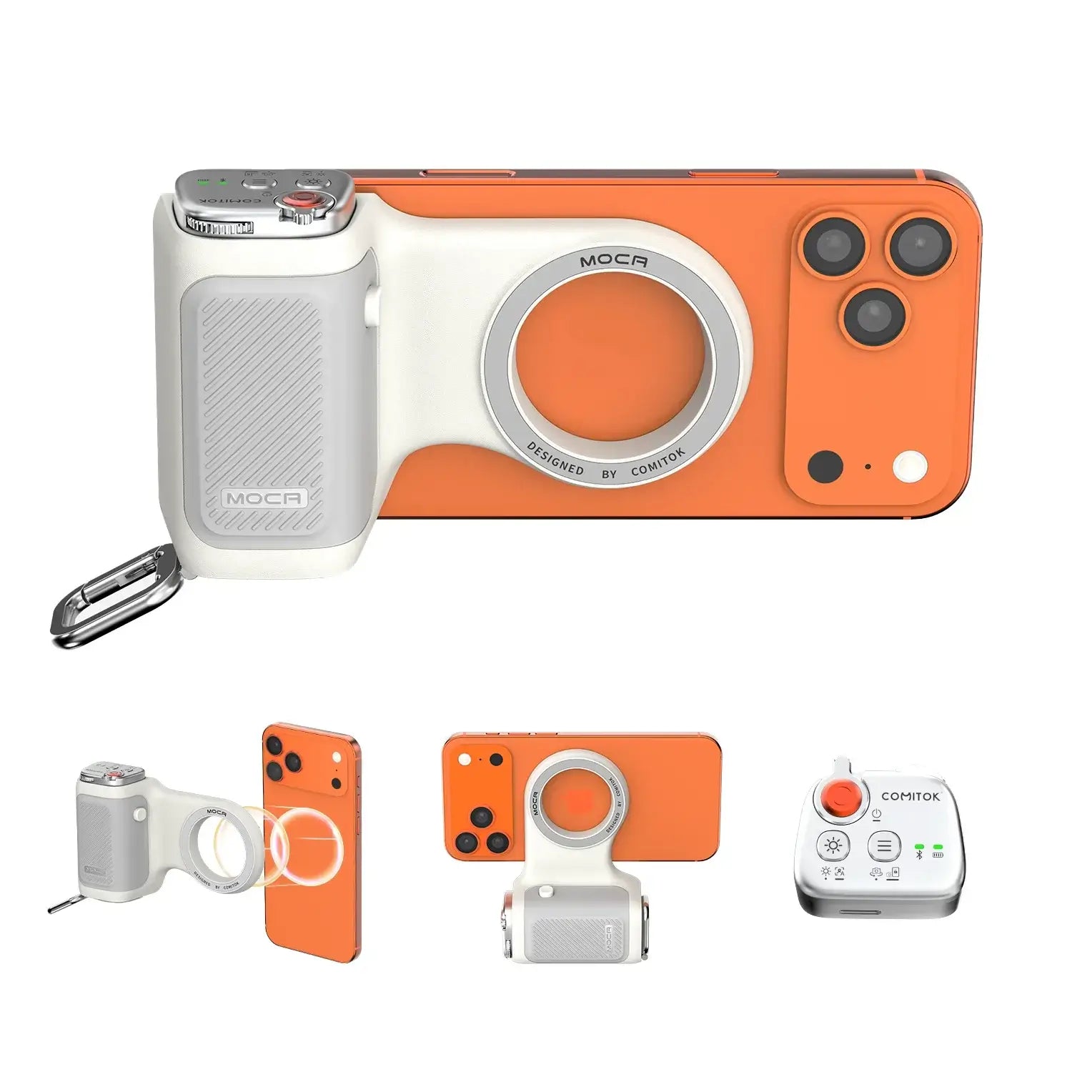 Magnetic Phone Grip With Remote Control and Handle Stabilizer for orange smartphone, Bluetooth remote and one-handed camera grip