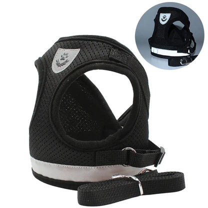 Pet Harness And Leash Set Adjustable Breathable Escape Proof Vest Reflective Collar For Dogs And Cats - black padded mesh harness with leash and reflective trim