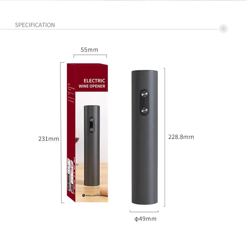 Electric wine opener set with specifications, showcasing one-touch cordless design and sleek appearance.