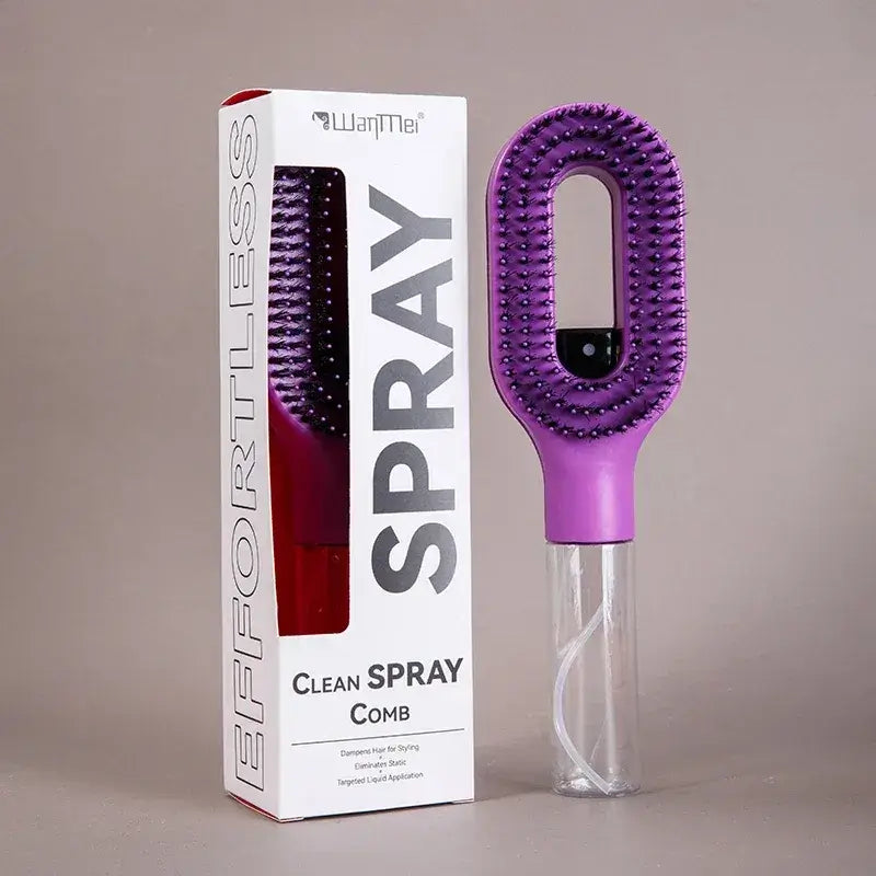 2-in-1 Spray Comb – Pain-Free Detangling for Smooth Hair purple spray comb with detangling bristles and integrated bottle