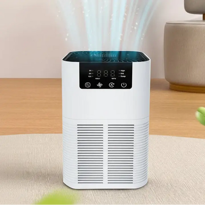 HEPA air purifier for smoke odor removal with negative ion generator and digital display on wooden surface.