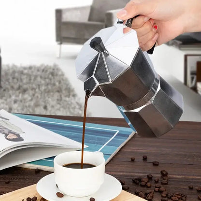Moka Pot – Café-Quality Espresso At Home, Daily Brew Convenience + 600ml Capacity pouring espresso from stainless steel moka pot into a cup