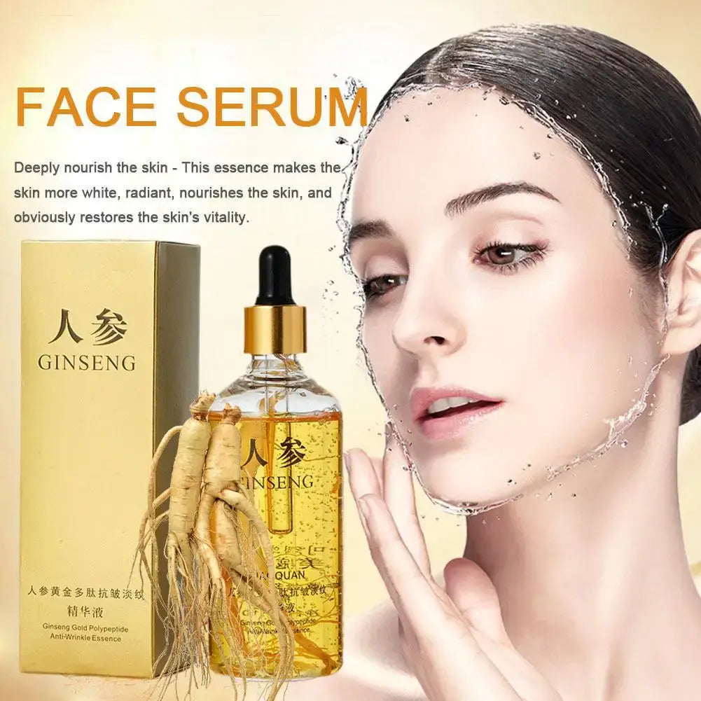 Face Serum – Even-Tone Radiance For Youthful Glow + Gold Ginseng Polypeptide Complex bottle and model showing radiant hydrated skin