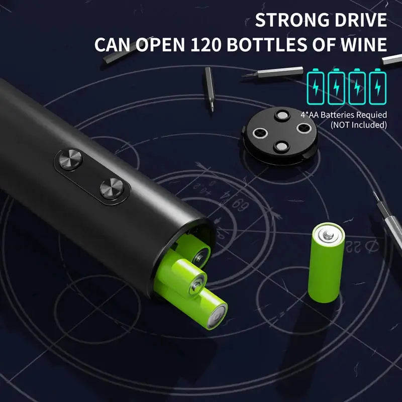 Electric wine opener set showing battery compartment with strong drive and ability to open 120 bottles of wine.