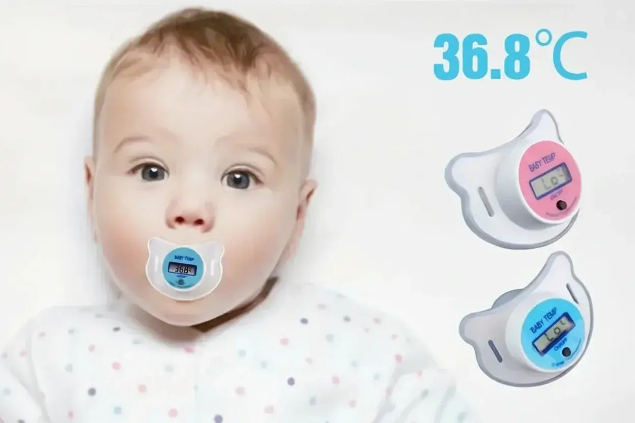 Pacifier Thermometer – Non-Invasive Fever Checks For Infants + BPA-Free Silicone Tip, Quick Readings baby using digital pacifier thermometer showing 36.8°C
