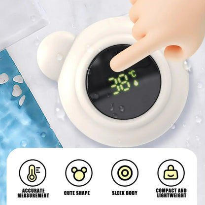 Baby Bath Thermometer – Safe Bath Time + Digital LED Display Waterproof Floating Duck Toy showing 38°C LED reading on white duck in water