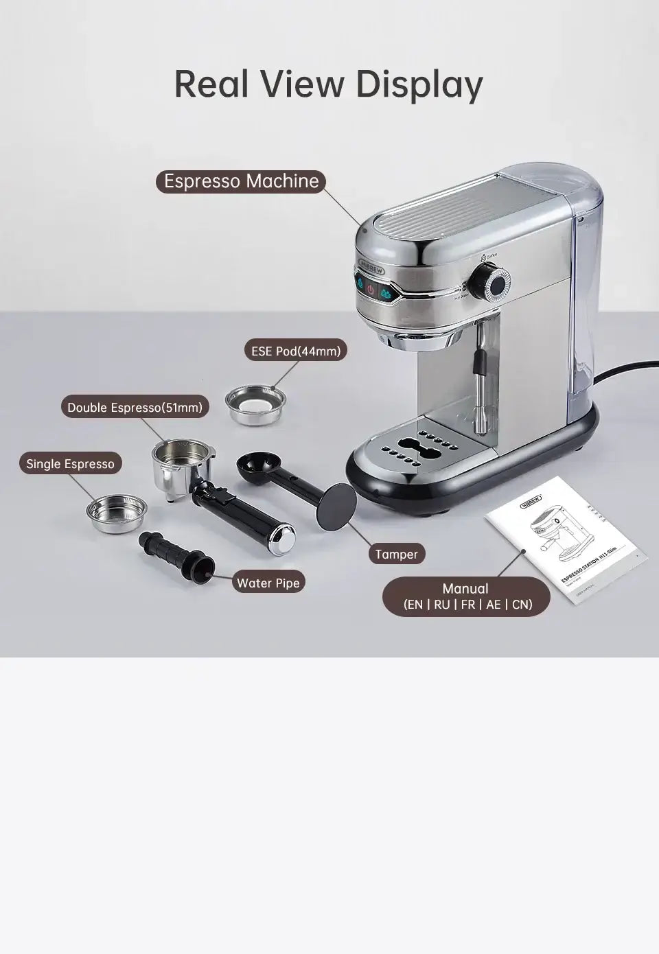 Espresso Machine – Cafe-Quality Espresso With Dense Crema And Rich Body + ESE Pod Compatible compact stainless steel 20-bar espresso machine with accessories