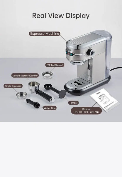 Espresso Machine – Cafe-Quality Espresso With Dense Crema And Rich Body + ESE Pod Compatible compact stainless steel 20-bar espresso machine with accessories