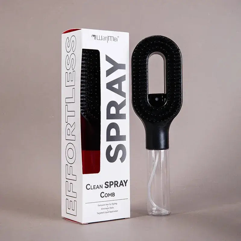 2-in-1 Spray Comb – Pain-Free Detangling for Smooth Hair showing black spray comb with bristles and packaging