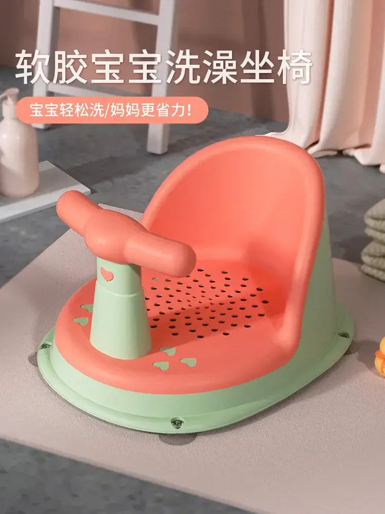Anti-Slip Baby Bath Seat With Suction Cup Base and Detachable Armrests in orange and green color design.