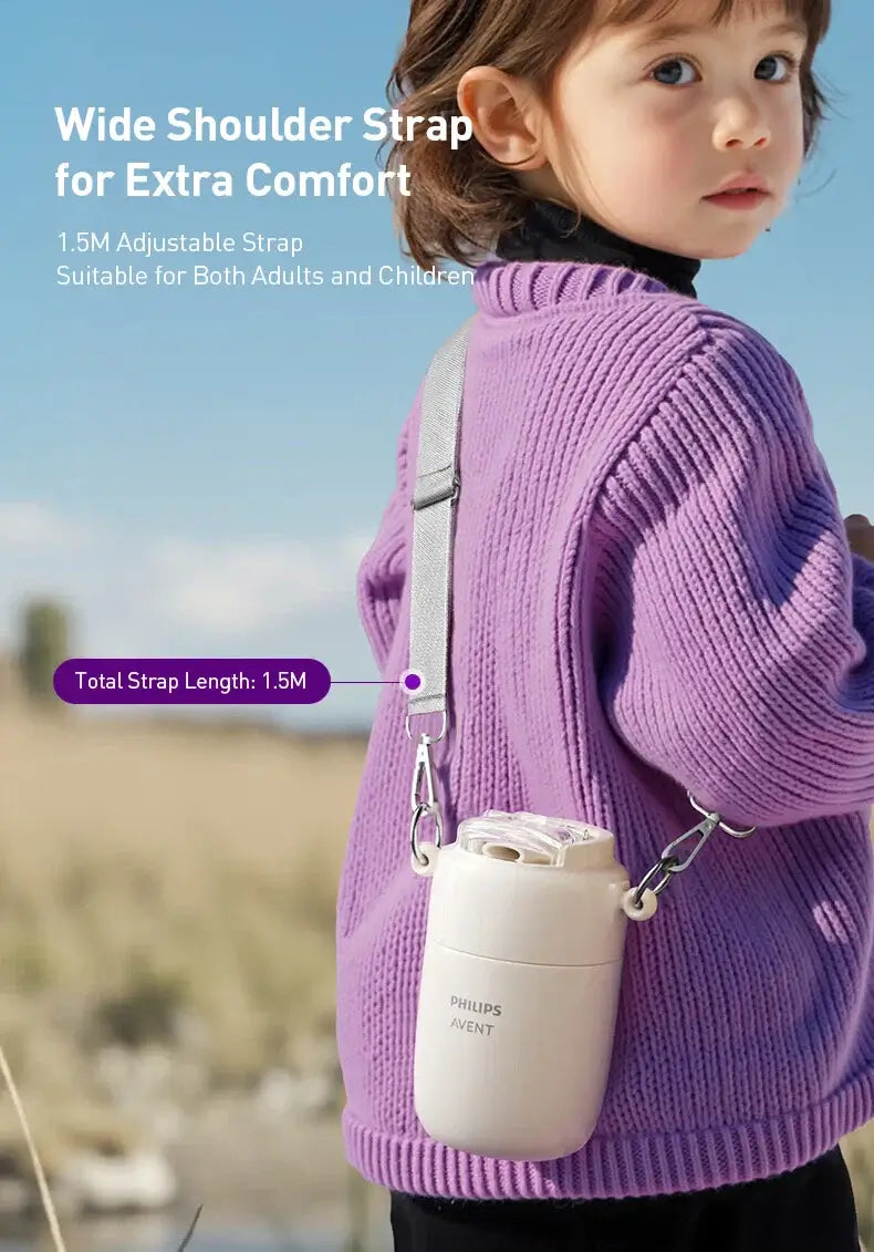 Avent Kids Vacuum Bottle For All-Day Temperature Control with a wide shoulder strap for comfort