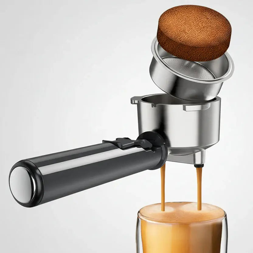 Espresso Machine – Cafe-Quality Drinks + 4-In-1 Capsule Pod NES ESE Ground Coffee stainless portafilter with capsule and crema pouring into glass