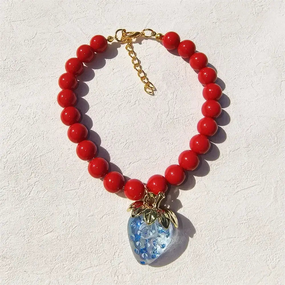 Pet Collar With Pearl Necklace - Pet-Safe Comfort + Lightweight Resin Design For Everyday Wear red beaded collar with blue strawberry pendant, lightweight resin, XS-XL sizes