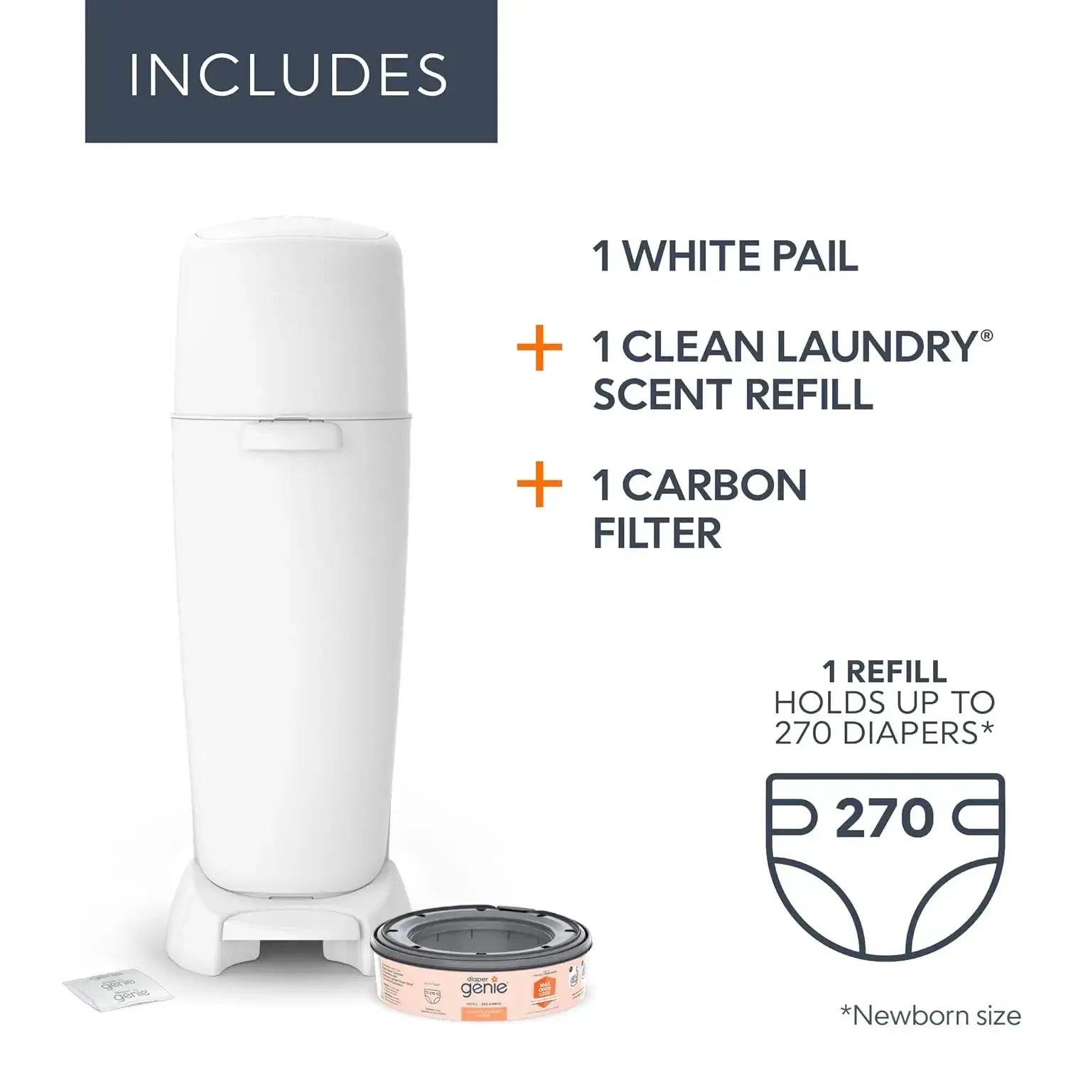 Diaper Pail – Odor-Control + Foot Pedal, Includes Refill Bag for 270 Diapers, White shown with white pail, refill canister and carbon filter