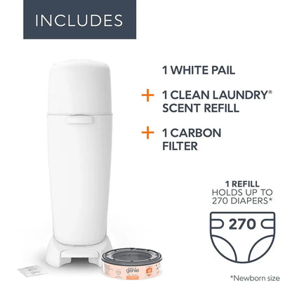 Diaper Pail – Odor-Control + Foot Pedal, Includes Refill Bag for 270 Diapers, White shown with white pail, refill canister and carbon filter