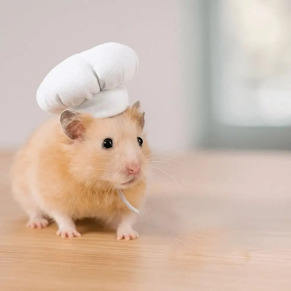 Hamster Chef Hat – Breathable Comfort All Day Wear + Adjustable Fit For Plush Ears cute hamster wearing white chef hat, breathable adjustable band