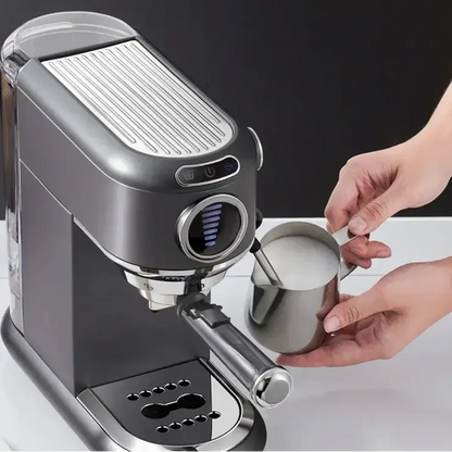 Espresso Machine – Cafe-Quality Drinks + 4-In-1 Capsule Pod NES ESE Ground Coffee gray stainless steel espresso machine steaming milk for cappuccino