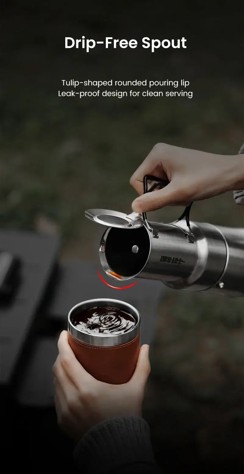 Stainless Steel Moka Pot – Rich Coffee + Foldable Handle pouring drip-free coffee into a camp cup, foldable handle visible